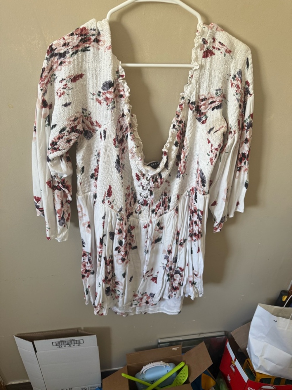 torrid White Floral V-Neck Smocked Tunic with Pink & Black Accents